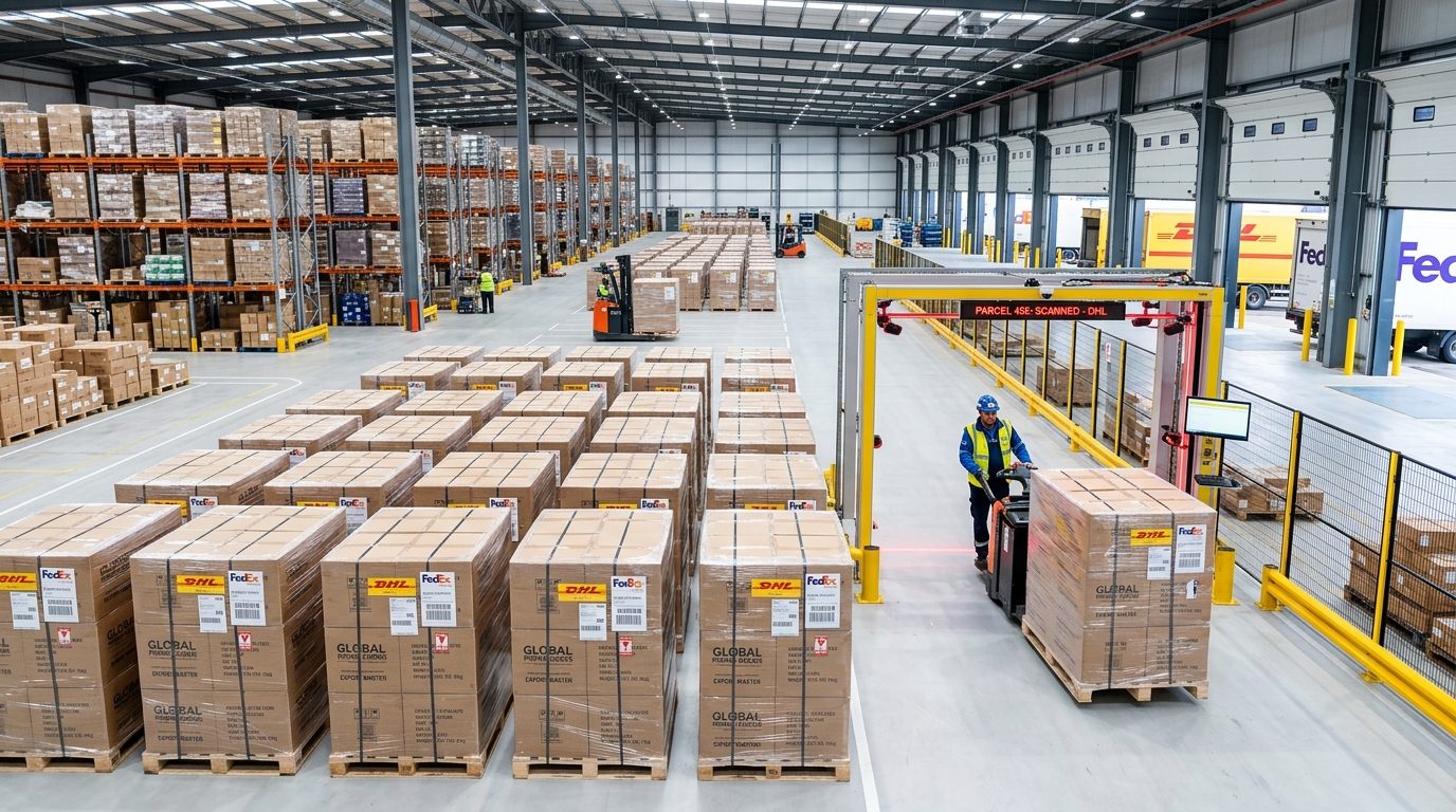 Export logistics fulfillment warehouse with palletized cartons