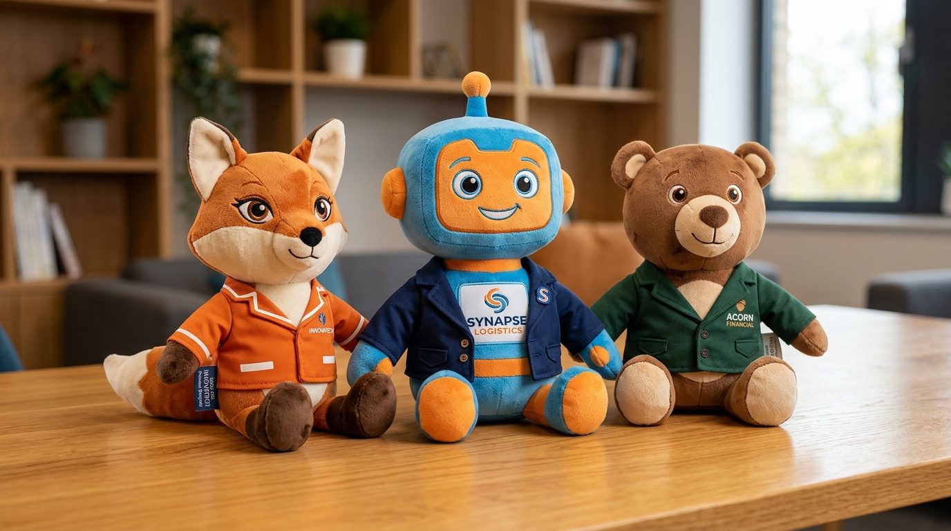 Custom brand mascot plush figures with detailed facial embroidery