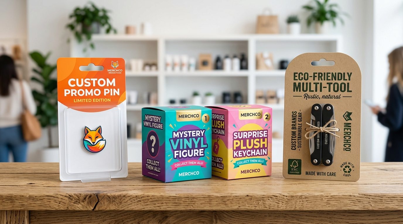Retail packaging options for custom promotional goods: blister cards, mystery blind boxes, and kraft backer cards