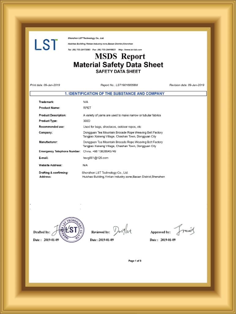 Material Safety Data Sheet (MSDS) for Recycled RPET Material