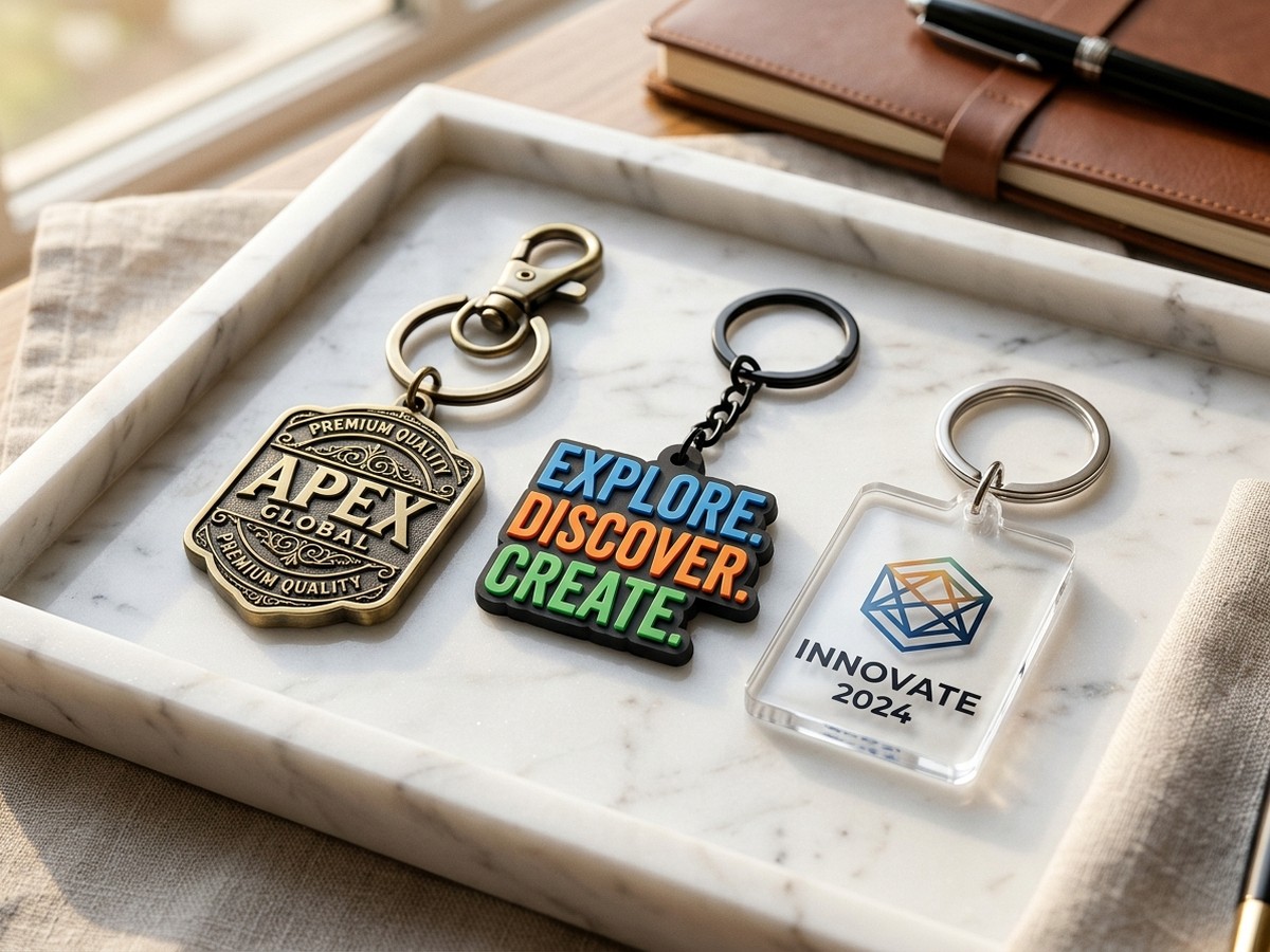 Custom keychains collection featuring metal, soft PVC and acrylic materials