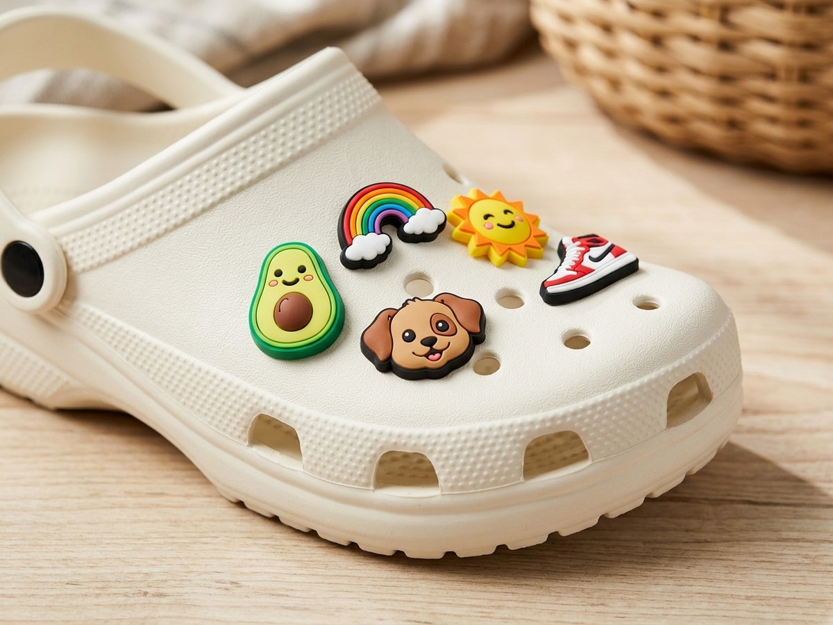 Custom PVC and silicone shoe charms styled and installed on foam clogs
