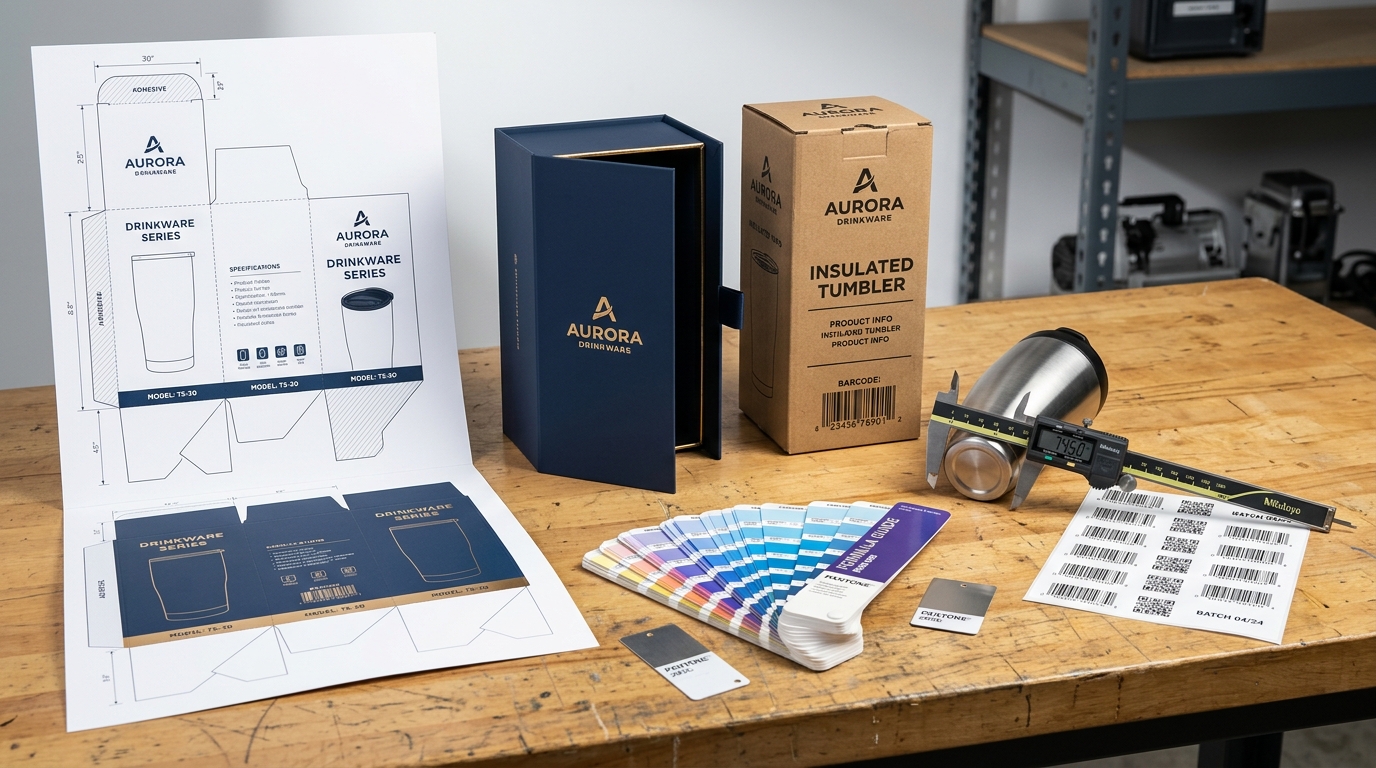 Packaging engineering with structural dieline, digital caliper tolerance inspection, assembled retail box, and Pantone color swatches