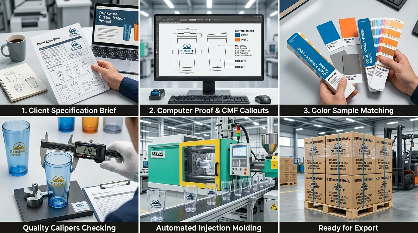 6-step manufacturing workflow for custom plastic drinkware and containers