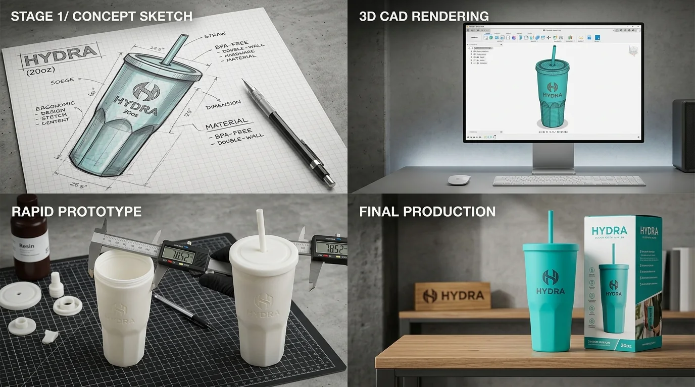 Full product development chain from concept sketch to 3D rendering, rapid prototype, and final production tumbler with box