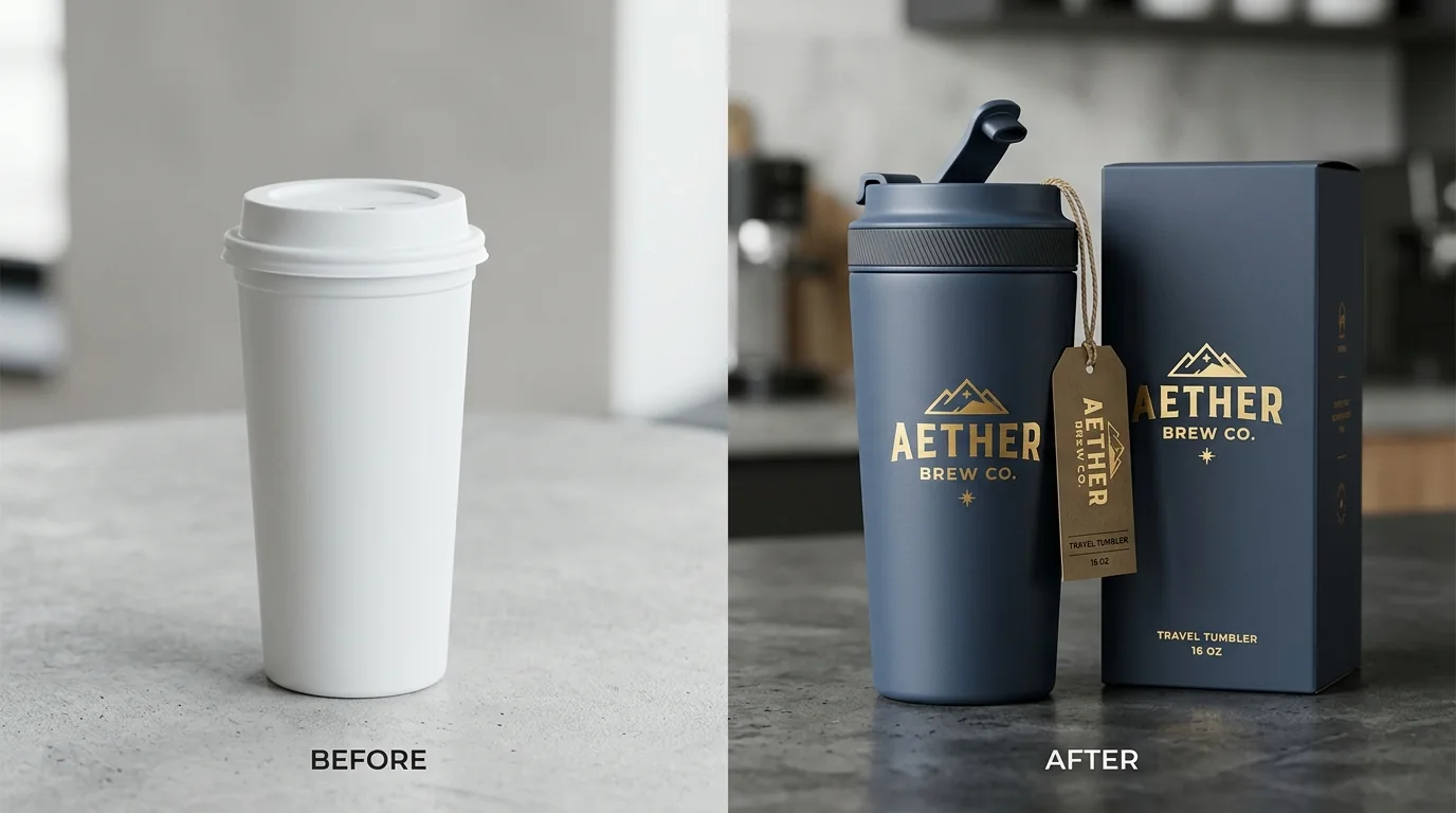 Before and After product restyling showing plain white cup transformed into luxury navy tumbler with matching retail box