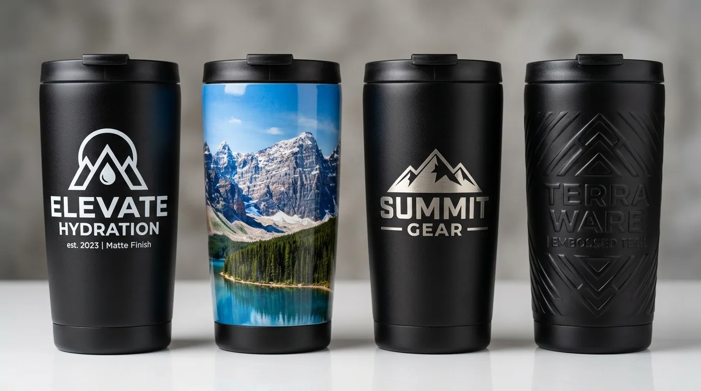 Four drinkware surface decoration technologies compared side-by-side: silk-screen, heat transfer, laser, and embossing