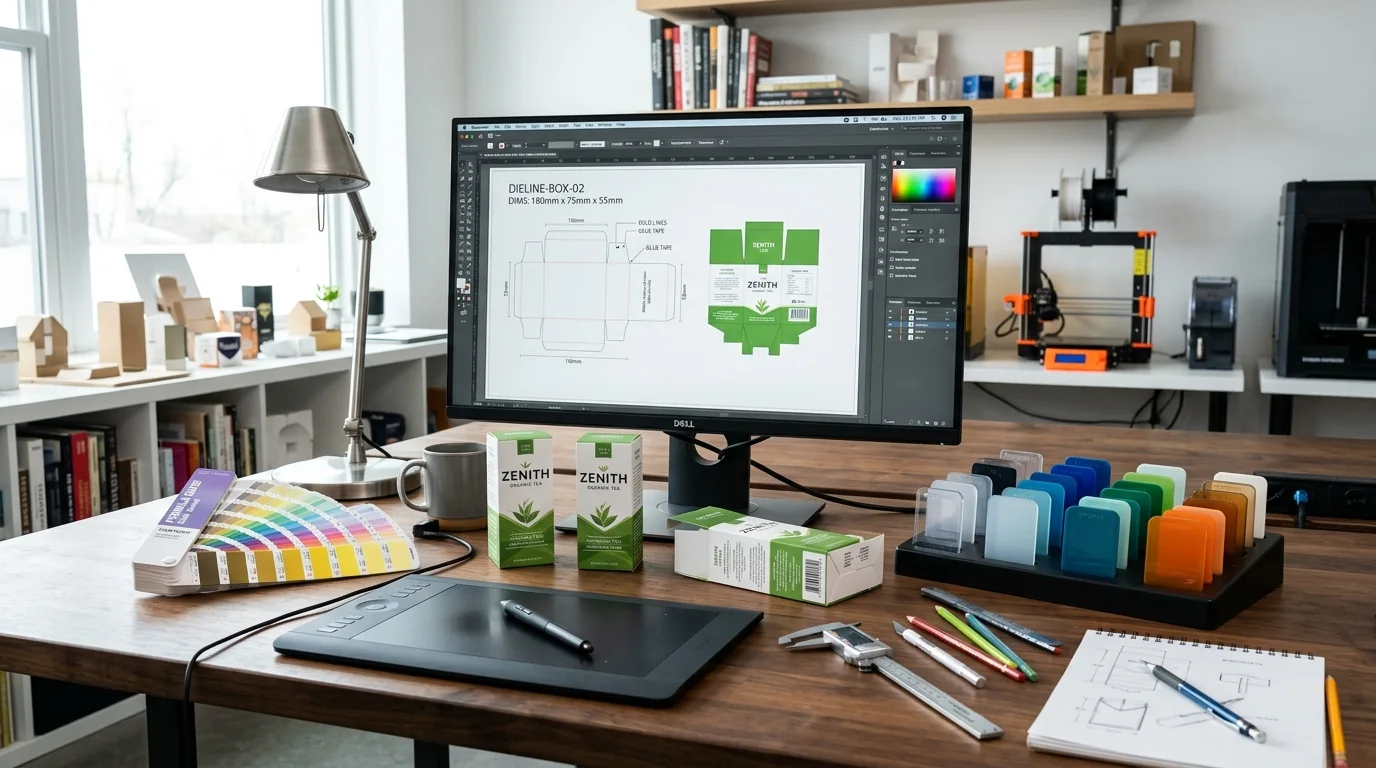 Professional design desk showing packaging dieline blueprint, pantone swatches and color chips