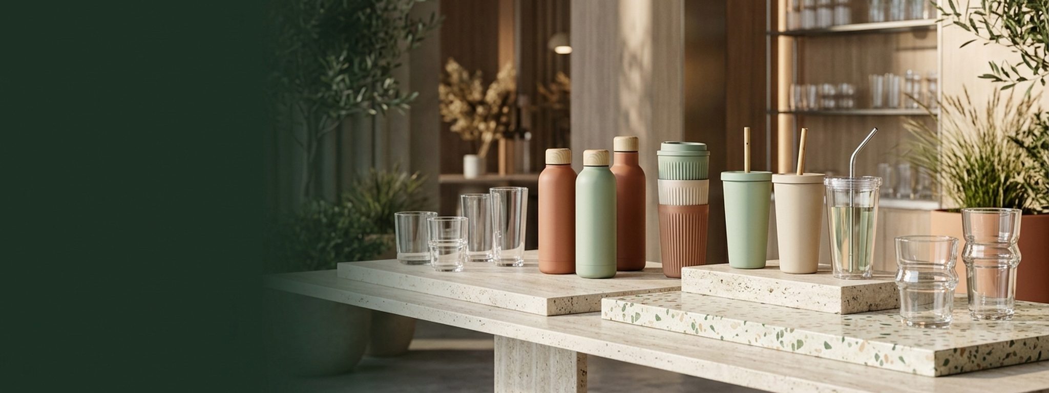 Plastic cups and bottles in distinctive shapes