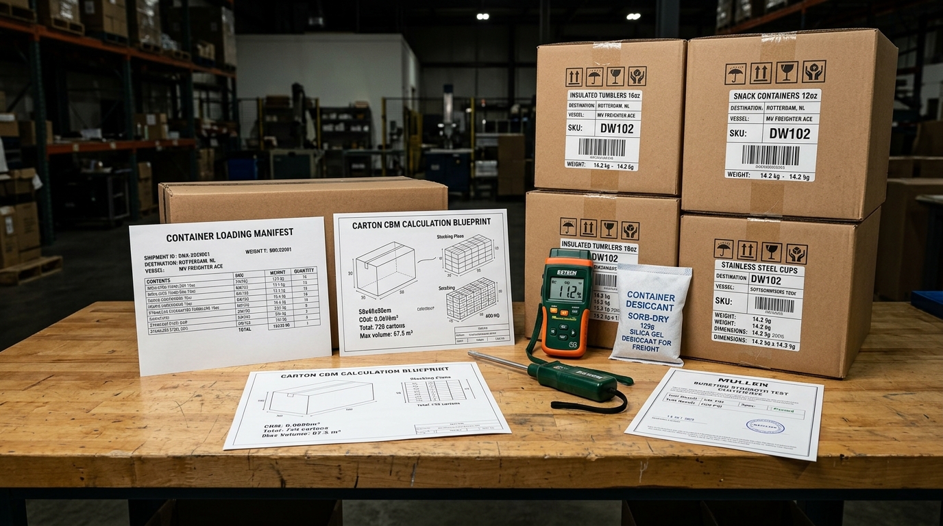 Container loading manifest and carton CBM calculation blueprint on industrial workbench with moisture meter, desiccant bag, and burst strength test