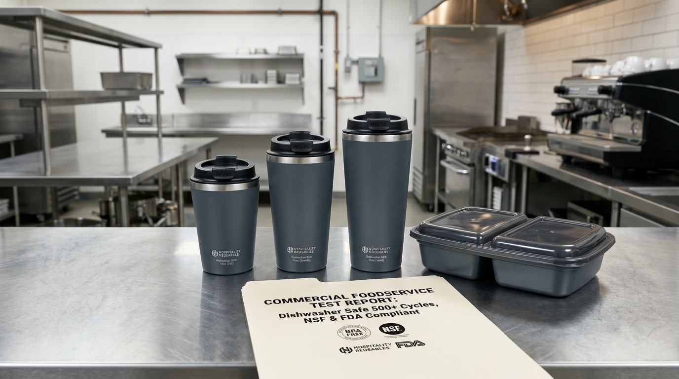 Commercial reusable foodservice drinkware system with 12oz, 16oz, 20oz cups, universal lids, food container, and test report on stainless steel counter