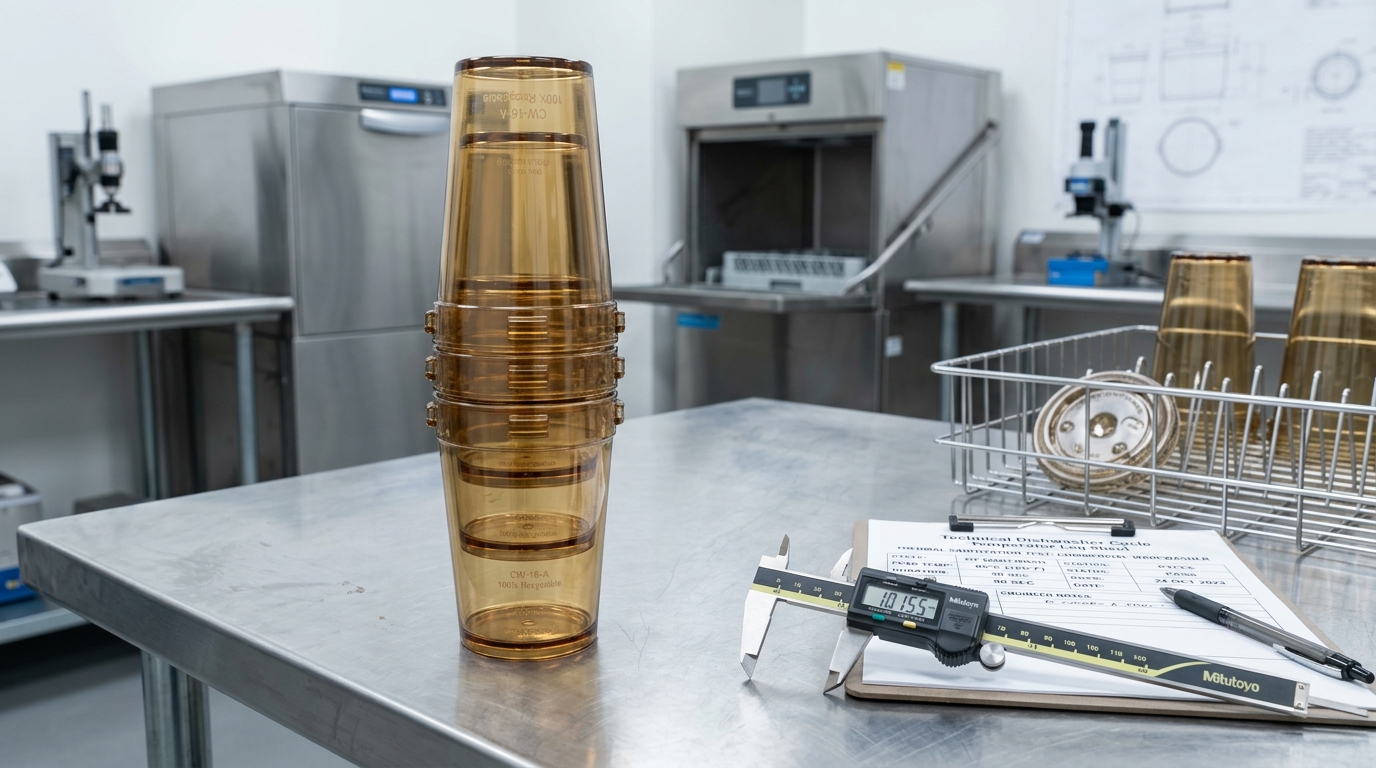 Vertical stack of commercial reusable cups demonstrating anti-jam lugs, digital caliper rim measurement, and commercial dishwasher rack