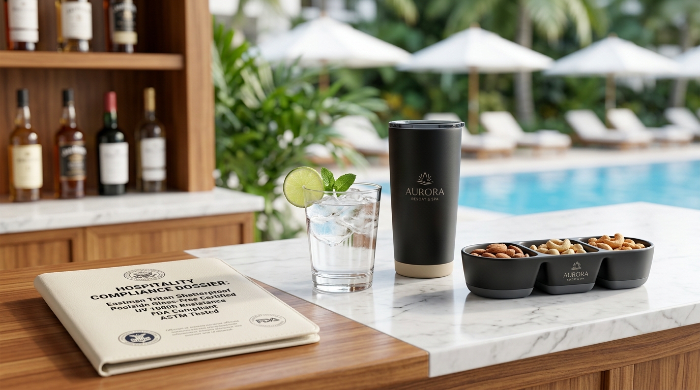 Luxury shatterproof resort drinkware setting beside pool bar showing clear Tritan cocktail glass, matte insulated tumbler, snack dish, and compliance dossier