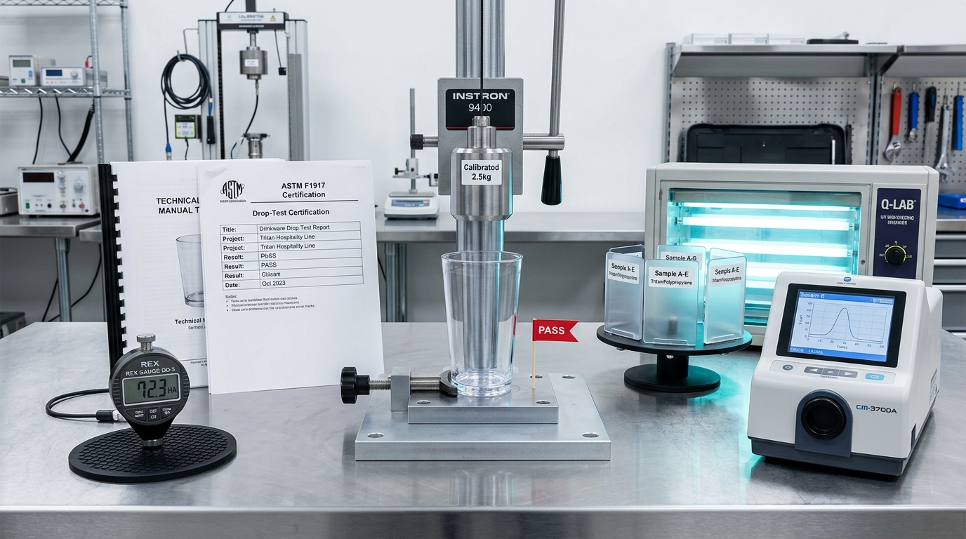 Instron drop-weight impact tester verifying shatterproof Eastman Tritan glass with ASTM certification report and Q-LAB UV weathering chamber