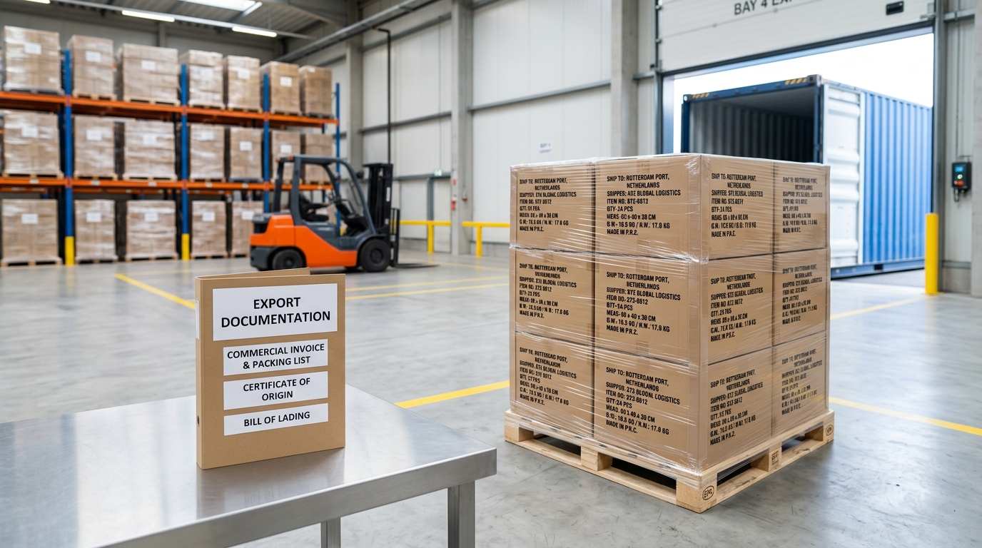 Wholesale drinkware export logistics showing palletized corrugated master cartons with shipping marks, trade documentation folder, and container loading staging area
