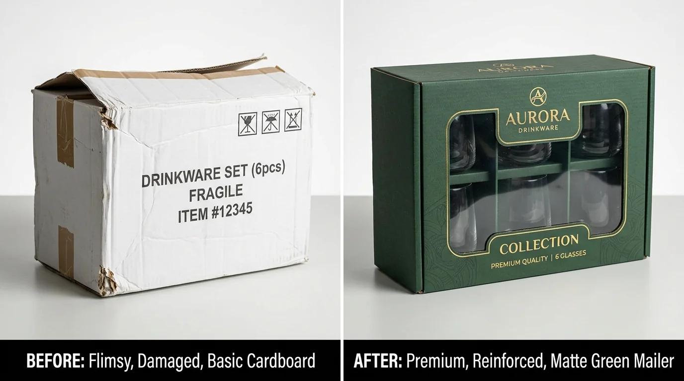 Before and After packaging comparison showing flimsy white box versus sturdy green corrugated mailer with clear window
