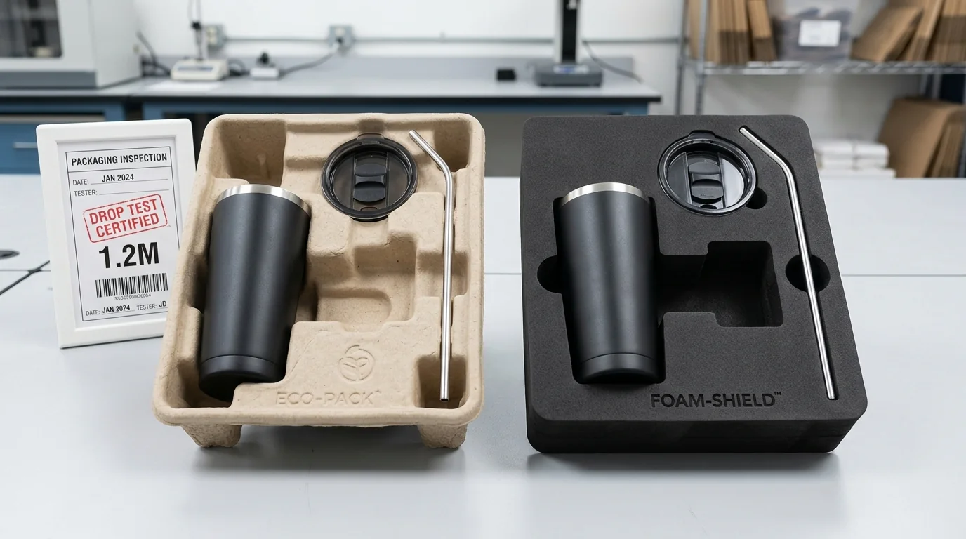 Engineered protective packaging inserts: eco-friendly molded pulp tray and dense black EVA foam with 1.2m drop test certification