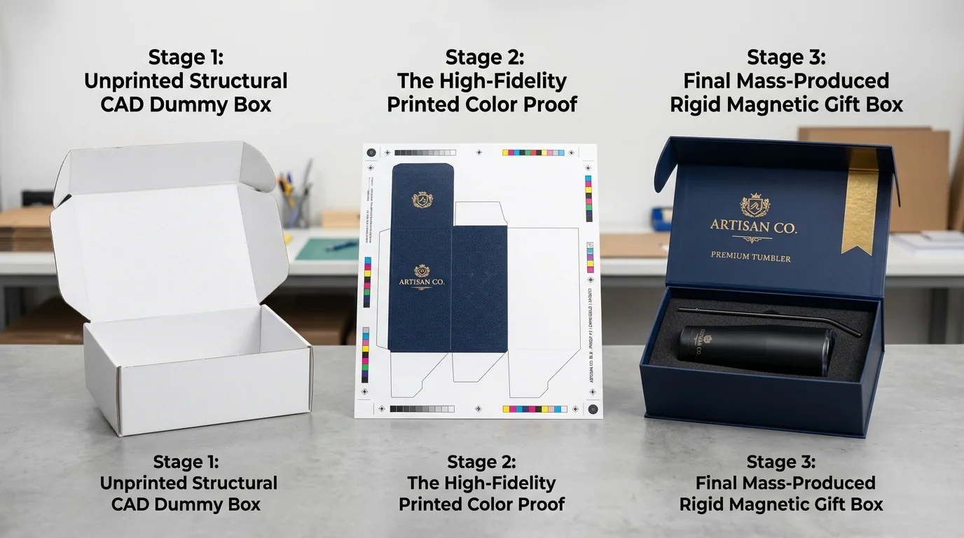 3-stage packaging structural development: white dummy box, color proof sheet, and final rigid magnetic gift box