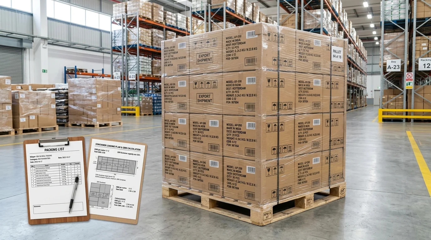 Export shipping warehouse showing master cartons with shipping marks on wrapped pallet with CBM calculation sheet