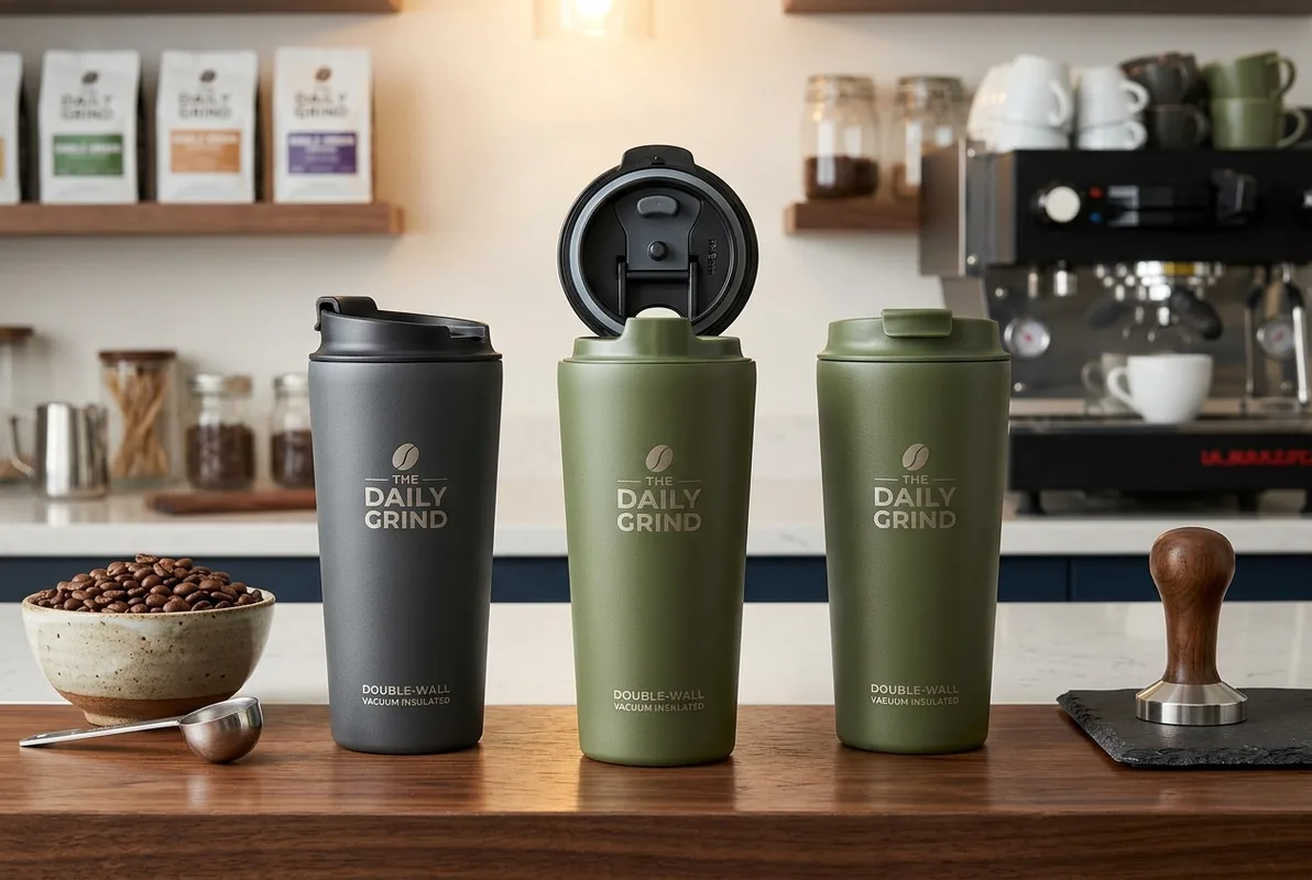 Custom leak-proof reusable tumbler for coffee chain
