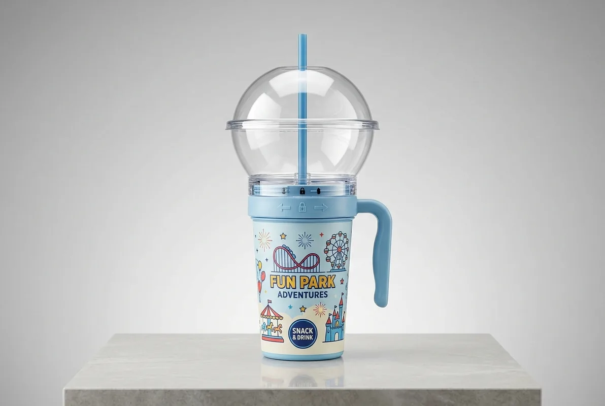 Stackable theme park cup and snack container combo